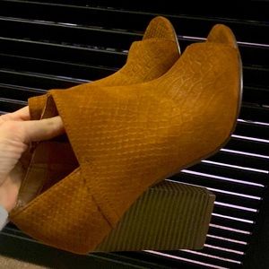 Indigo open toe booties. Cognac. Soft snakeskin print.